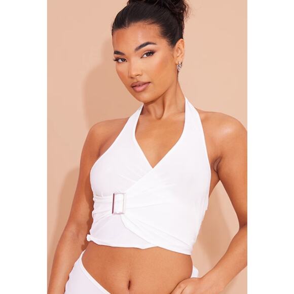 PrettyLittleThing Women 10 White Slinky Buckle Detail Top Halter Shirt NWT - Picture 1 of 7